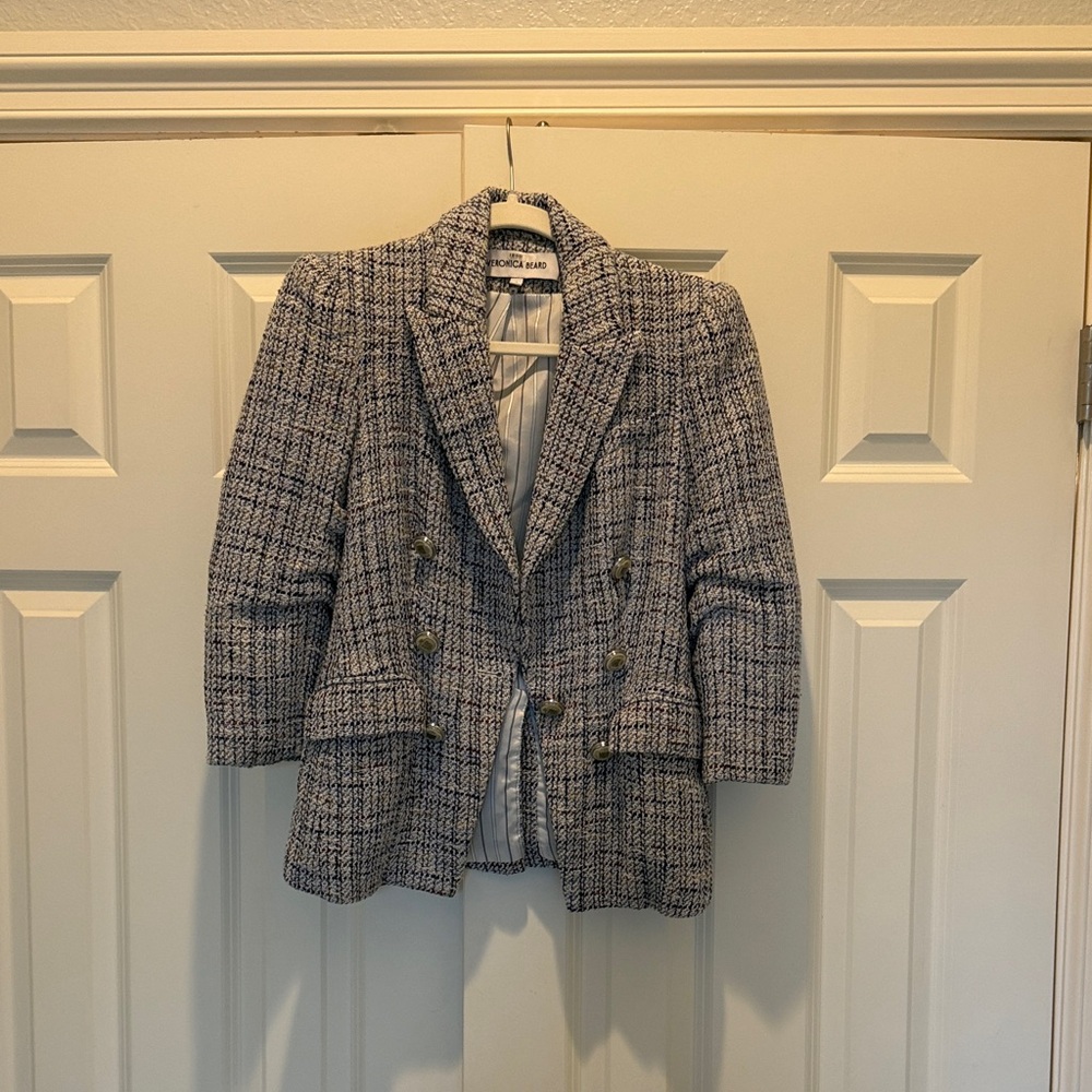 Veronica Beard Navy & White Tweed Double-Breasted Blazer